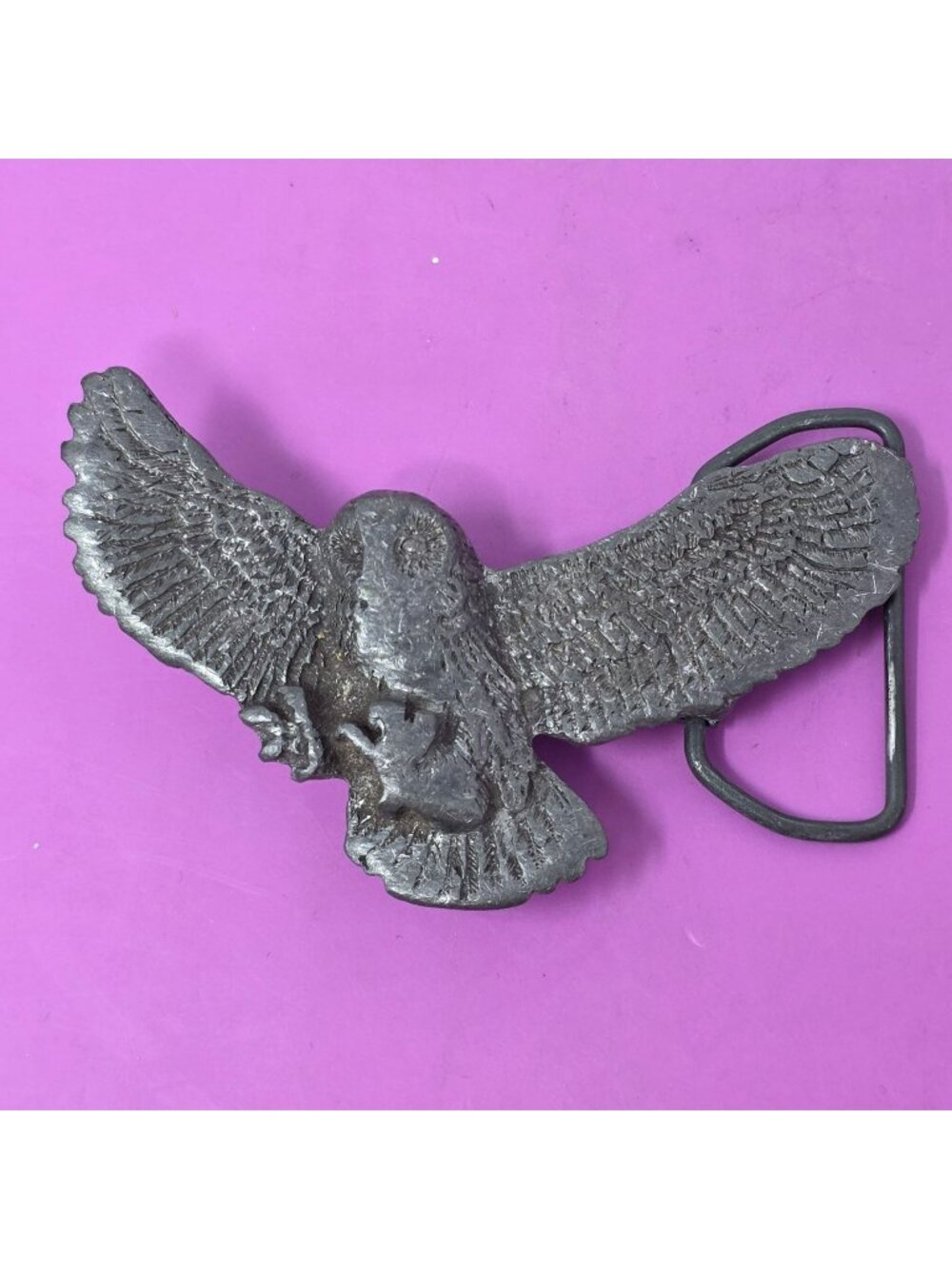 Vtg Owl Flying Prey Belt Buckle 1980 Bergamot Brass Works Pewter USA Made